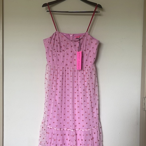 Betsey Johnson Pink and Red Heart Valentine’s Day Tulle Mesh Midi Dress 14 NWT - Picture 4 of 12